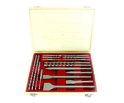 Wooden Case 17 PC SDS HAMMER CHISEL + DRILL BIT SET NEW